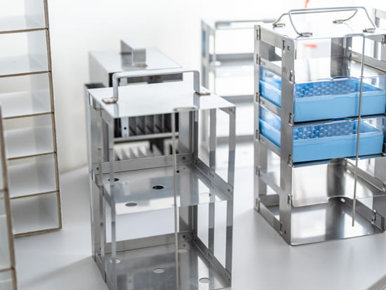 液体窒素容器に使用する検体を入れるラックが並んでいる写真